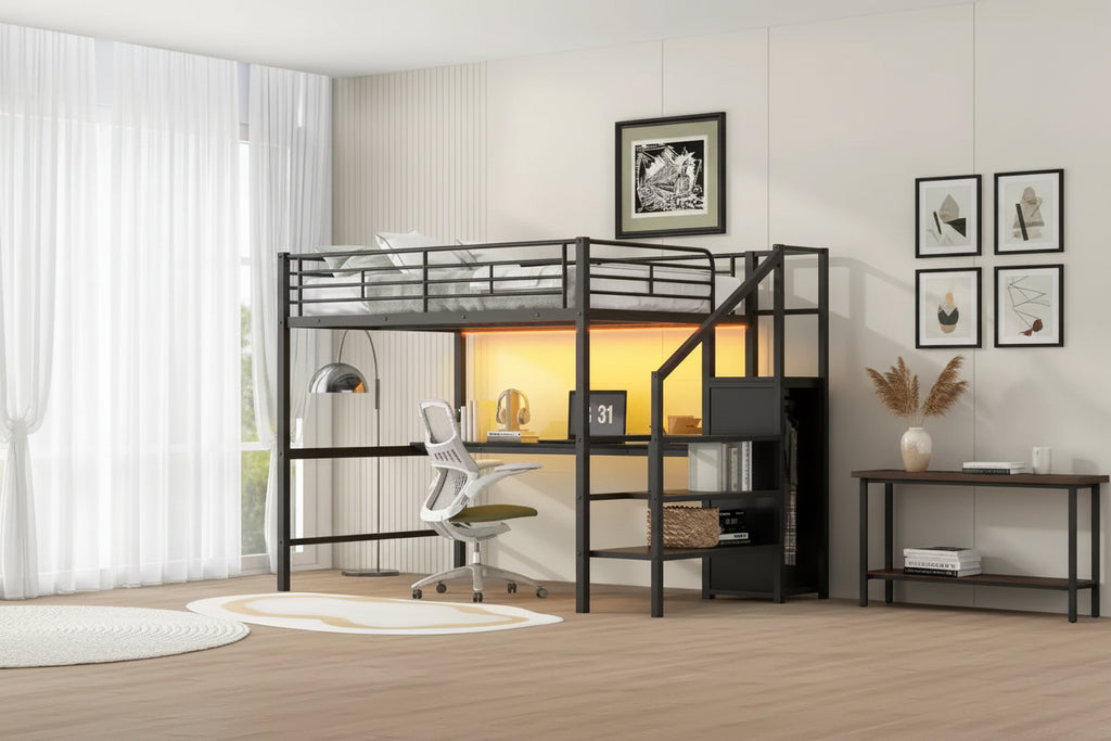 Merax Full Size Metal Loft Bed with Integrated Desk, Storage Staircase & Wardrobe