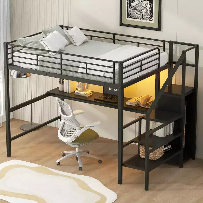 Letto a soppalco matrimoniale in metallo con scrivania, scala contenitore e armadio
