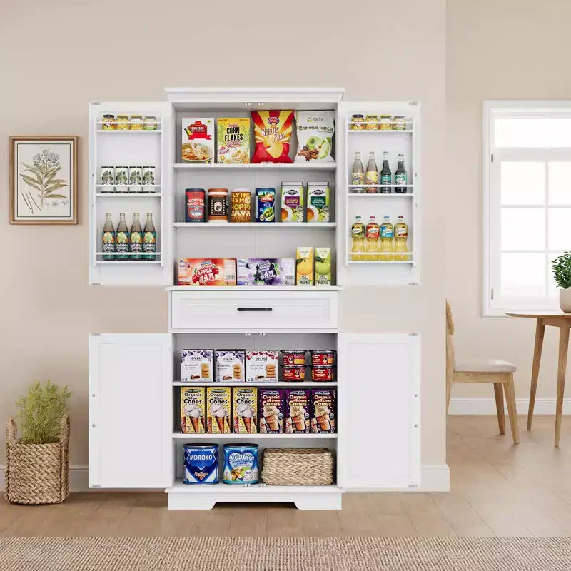 Dispensa alta TROPOW da 183 cm, mobile dispensa da cucina con cassetto, ripiani sulle ante, ripiani regolabili, ampia dispensa da cucina, bianco