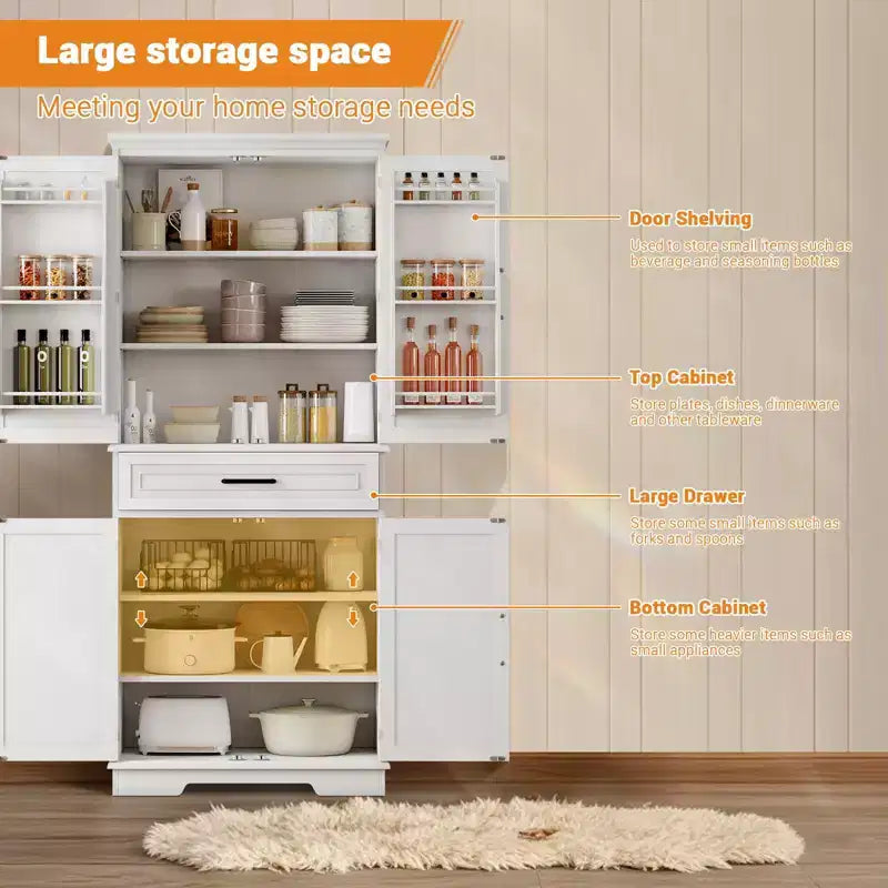 Dispensa alta TROPOW da 183 cm, mobile dispensa da cucina con cassetto, ripiani sulle ante, ripiani regolabili, ampia dispensa da cucina, bianco