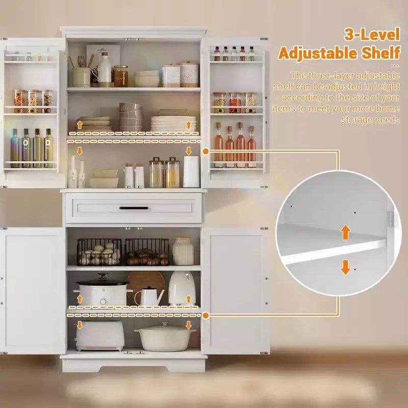 Dispensa alta TROPOW da 183 cm, mobile dispensa da cucina con cassetto, ripiani sulle ante, ripiani regolabili, ampia dispensa da cucina, bianco