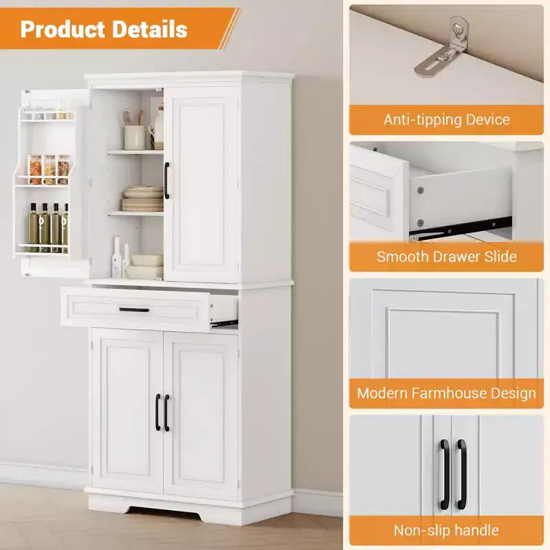 Dispensa alta TROPOW da 183 cm, mobile dispensa da cucina con cassetto, ripiani sulle ante, ripiani regolabili, ampia dispensa da cucina, bianco