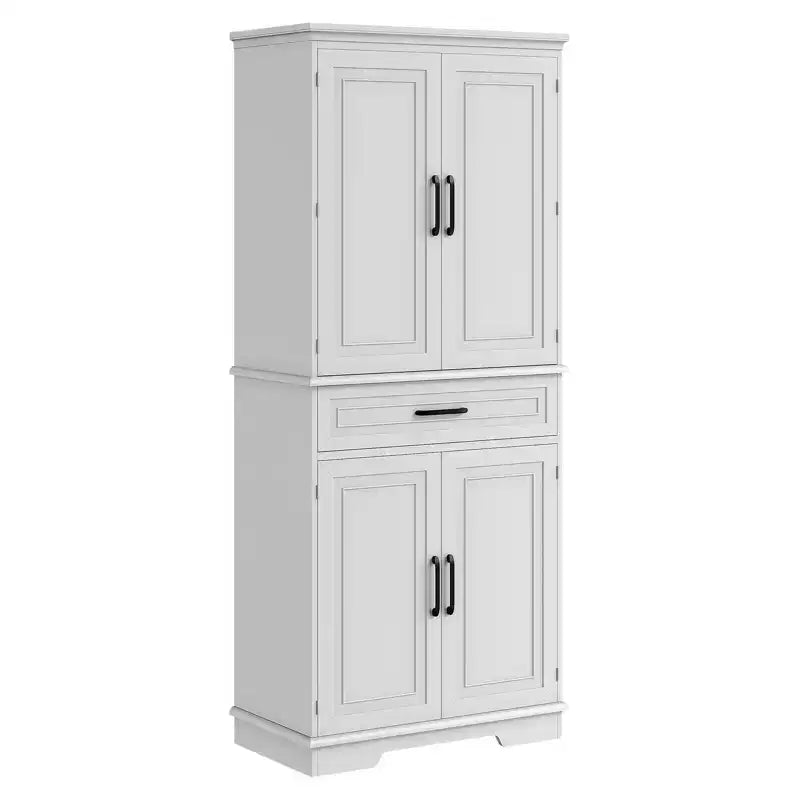 Dispensa alta TROPOW da 183 cm, mobile dispensa da cucina con cassetto, ripiani sulle ante, ripiani regolabili, ampia dispensa da cucina, bianco
