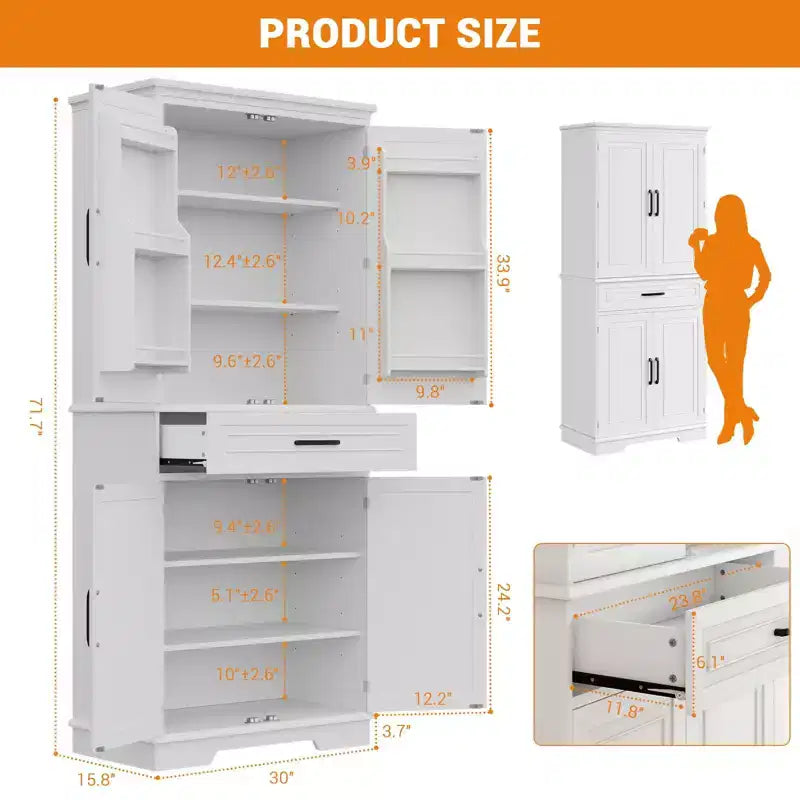 Dispensa alta TROPOW da 183 cm, mobile dispensa da cucina con cassetto, ripiani sulle ante, ripiani regolabili, ampia dispensa da cucina, bianco