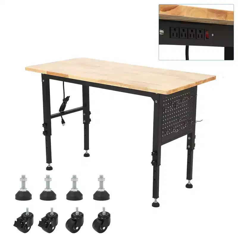 Banco da Lavoro 48/60, Piano in Legno di Gomma Resistente con Ganci per Pannello Forato, Presa di Corrente, 4 Ruote Bloccabili, Altezza Regolabile