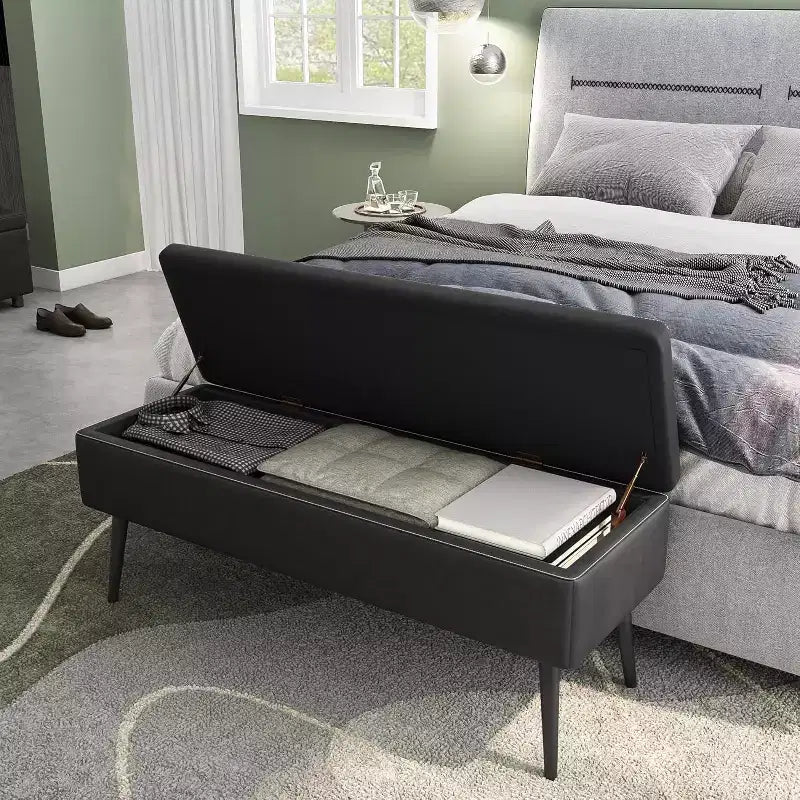 Panca Contenitore Ottomana, Panca Moderna Mid-Century per Ingresso e Camera da Letto, in Ecopelle con Cuciture, Portata 308 kg