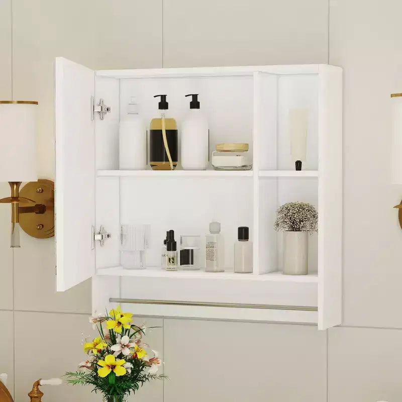 Pensile Okak con Specchio, Armadietto sopra il WC, Armadietto da Bagno a Parete con Ripiani, Armadietto dei Medicinali con Portasciugamani, Bianco