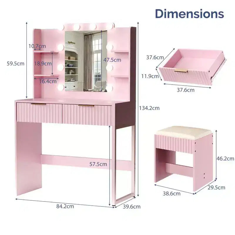 Pannello di Truciolato Bianco Impiallacciato in Melamina Goffrata, Scaffale a 4 Ripiani e 2 Cassetti, include 10 Lampadine Dimmerabili a Tre Colori, Set Toeletta