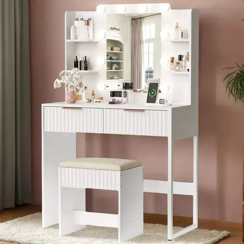 Pannello di Truciolato Bianco Impiallacciato in Melamina Goffrata, Scaffale a 4 Ripiani e 2 Cassetti, include 10 Lampadine Dimmerabili a Tre Colori, Set Toeletta