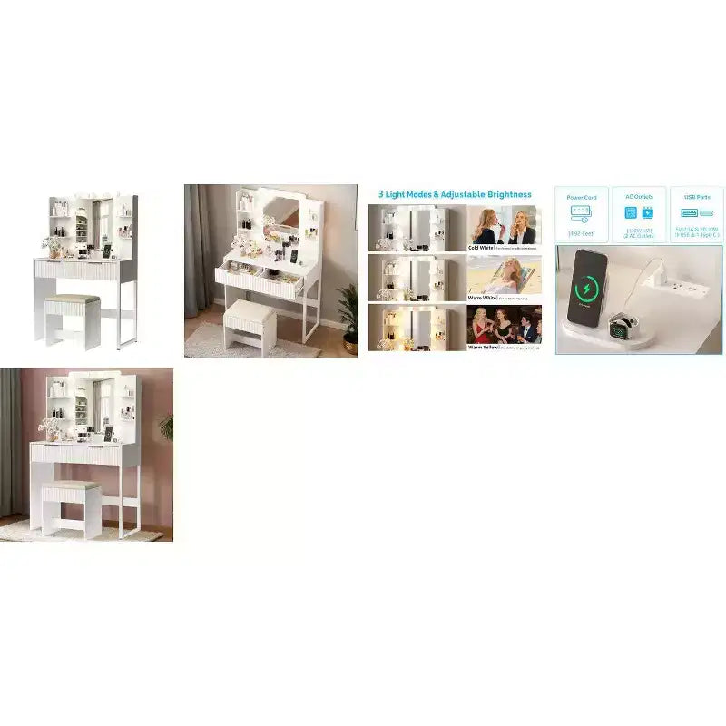 Pannello di Truciolato Bianco Impiallacciato in Melamina Goffrata, Scaffale a 4 Ripiani e 2 Cassetti, include 10 Lampadine Dimmerabili a Tre Colori, Set Toeletta