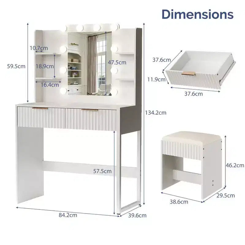 Pannello di Truciolato Bianco Impiallacciato in Melamina Goffrata, Scaffale a 4 Ripiani e 2 Cassetti, include 10 Lampadine Dimmerabili a Tre Colori, Set Toeletta