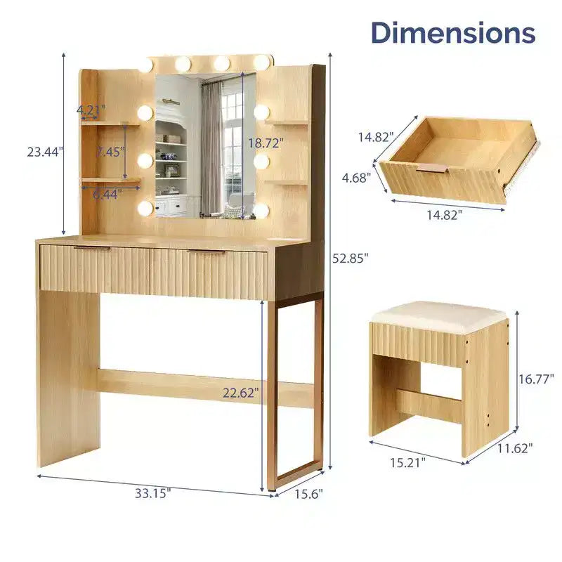 Pannello di Truciolato Bianco Impiallacciato in Melamina Goffrata, Scaffale a 4 Ripiani e 2 Cassetti, include 10 Lampadine Dimmerabili a Tre Colori, Set Toeletta