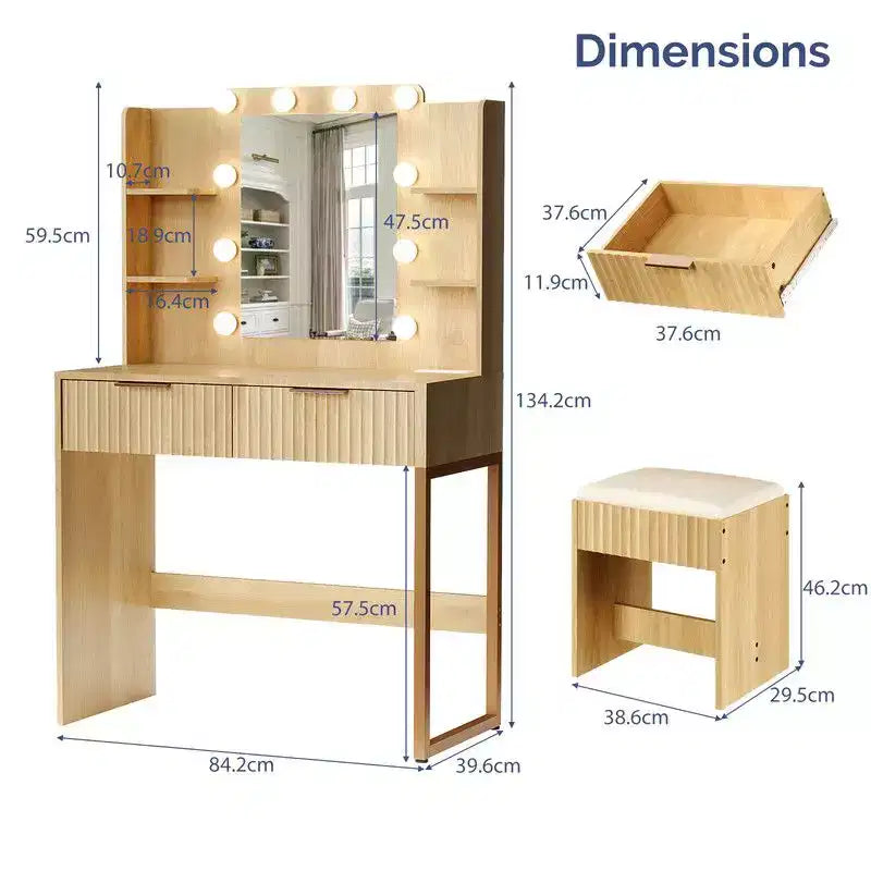 Pannello di Truciolato Bianco Impiallacciato in Melamina Goffrata, Scaffale a 4 Ripiani e 2 Cassetti, include 10 Lampadine Dimmerabili a Tre Colori, Set Toeletta
