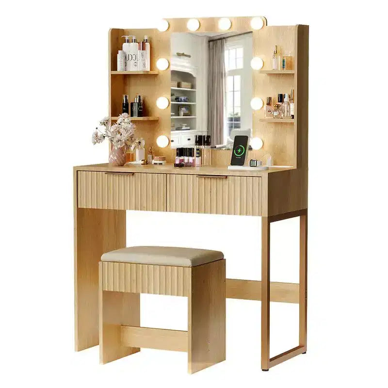 White Particle Board Veneered with Textured Melamine, 2-drawer 4-tier Shelf, comes with 10 Three-color Dimmable Bulbs, Dressing Table Set