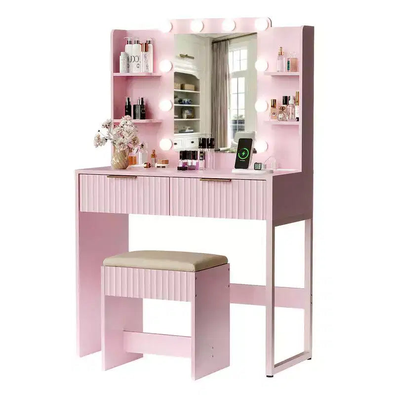 Pannello di Truciolato Bianco Impiallacciato in Melamina Goffrata, Scaffale a 4 Ripiani e 2 Cassetti, include 10 Lampadine Dimmerabili a Tre Colori, Set Toeletta