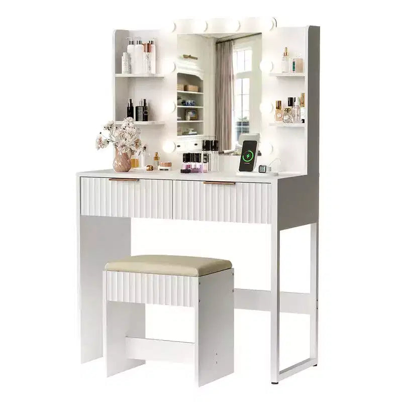 Pannello di Truciolato Bianco Impiallacciato in Melamina Goffrata, Scaffale a 4 Ripiani e 2 Cassetti, include 10 Lampadine Dimmerabili a Tre Colori, Set Toeletta