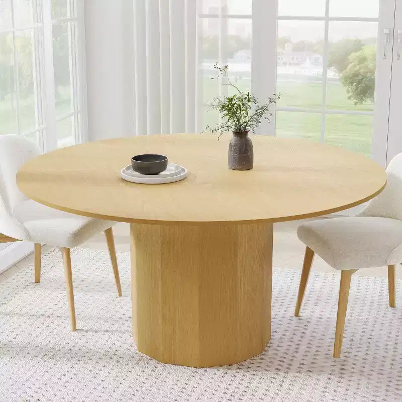 Tavolo da pranzo rotondo in legno massello da 60" per 6-8 persone, base cilindrica, naturale