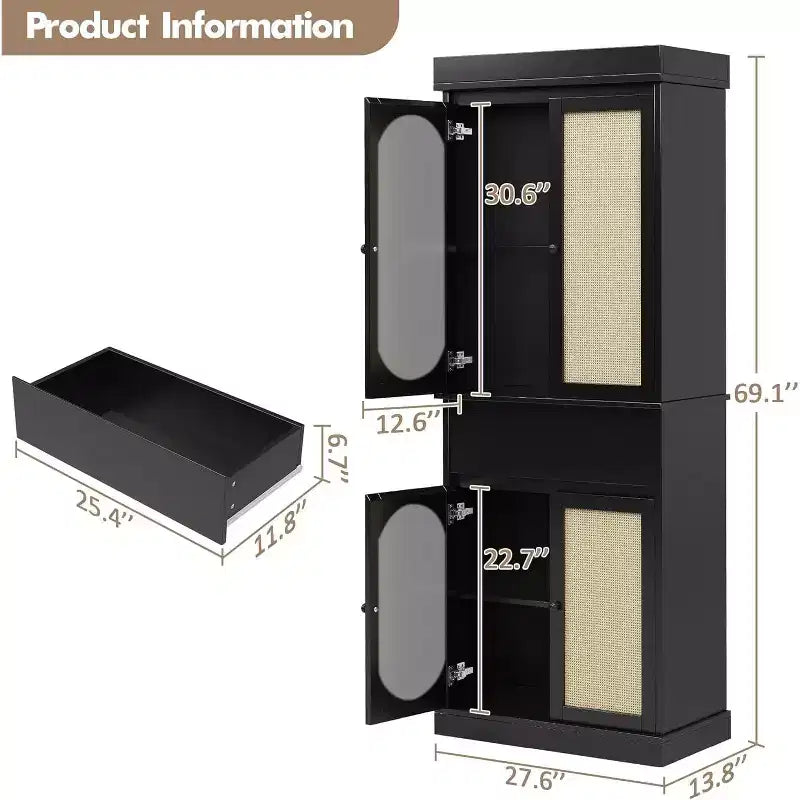 Mobile dispensa da cucina alto 175 cm con ripiani regolabili, armadio autoportante con cassetto per bagno, sala da pranzo, soggiorno, nero