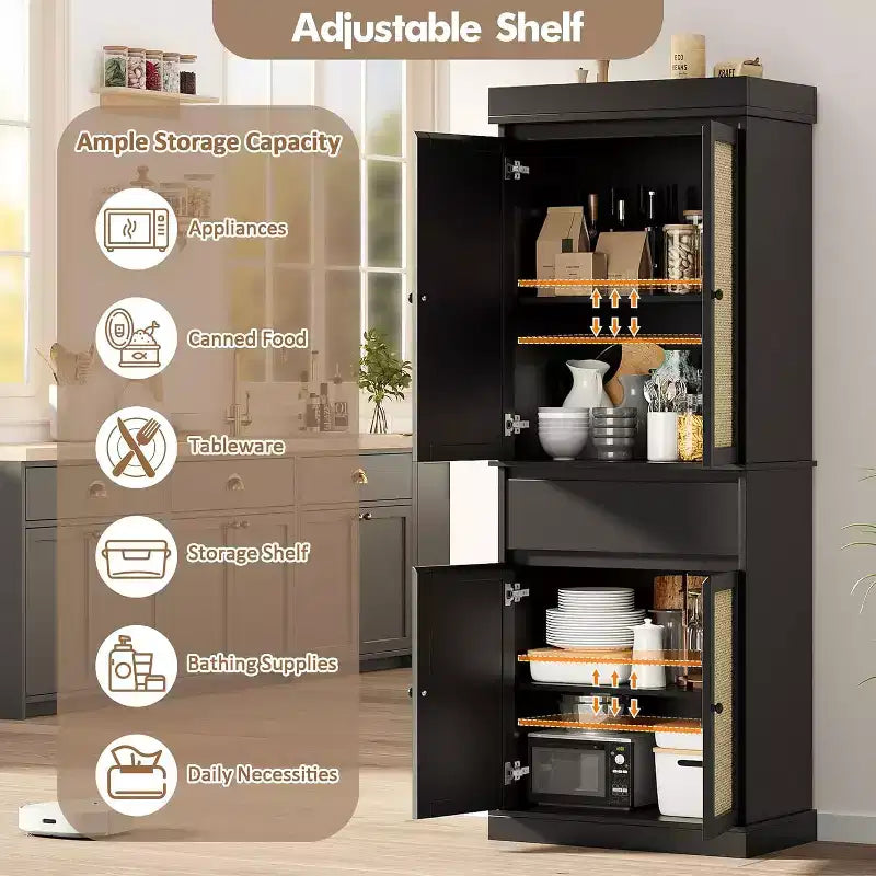Mobile dispensa da cucina alto 175 cm con ripiani regolabili, armadio autoportante con cassetto per bagno, sala da pranzo, soggiorno, nero
