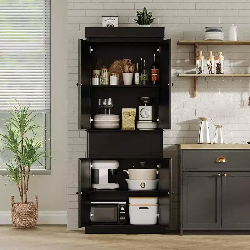 Mobile dispensa da cucina alto 175 cm con ripiani regolabili, armadio autoportante con cassetto per bagno, sala da pranzo, soggiorno, nero