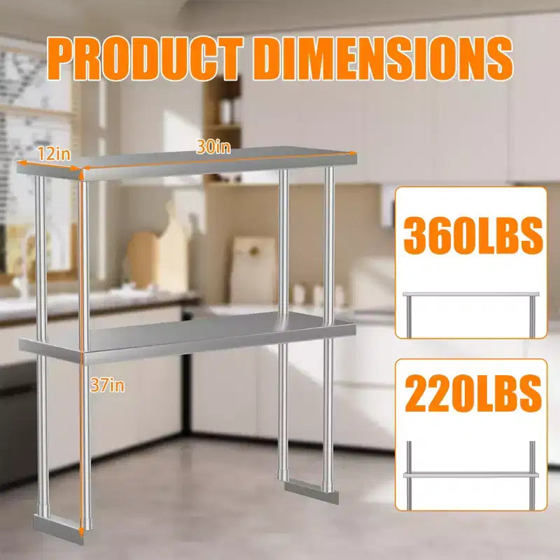 Pensile doppio in acciaio inox 12x30 per tavoli da lavoro e preparazione, capacità 163 kg, 2 ripiani, regolabile, per ristorante e cucina