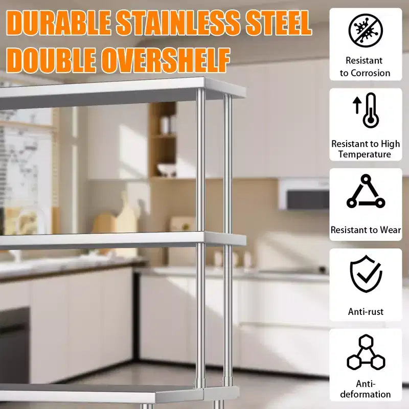 Pensile doppio in acciaio inox 12x30 per tavoli da lavoro e preparazione, capacità 163 kg, 2 ripiani, regolabile, per ristorante e cucina