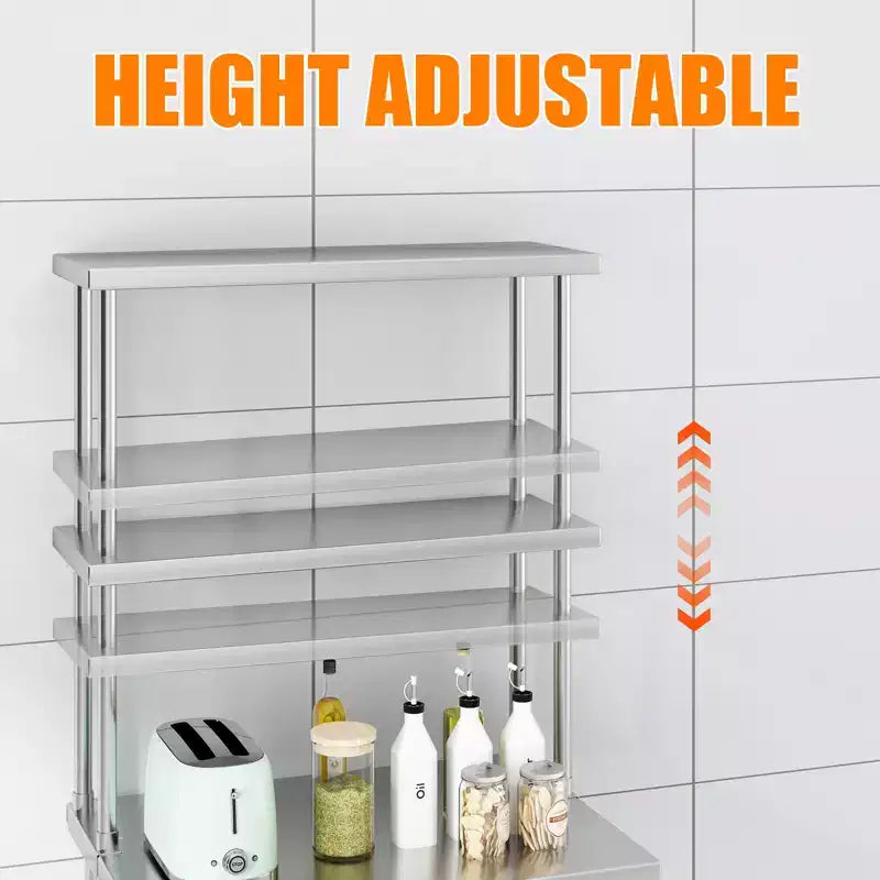 Pensile doppio in acciaio inox 12x30 per tavoli da lavoro e preparazione, capacità 163 kg, 2 ripiani, regolabile, per ristorante e cucina