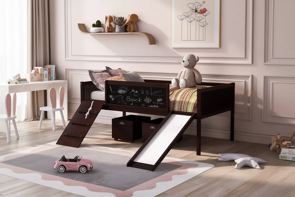 Bellemave Twin Low Loft Bed with Slide, Climbing Frame & Chalkboard, Kids Wood Loft Bed with 2 Storage Boxes, Espresso