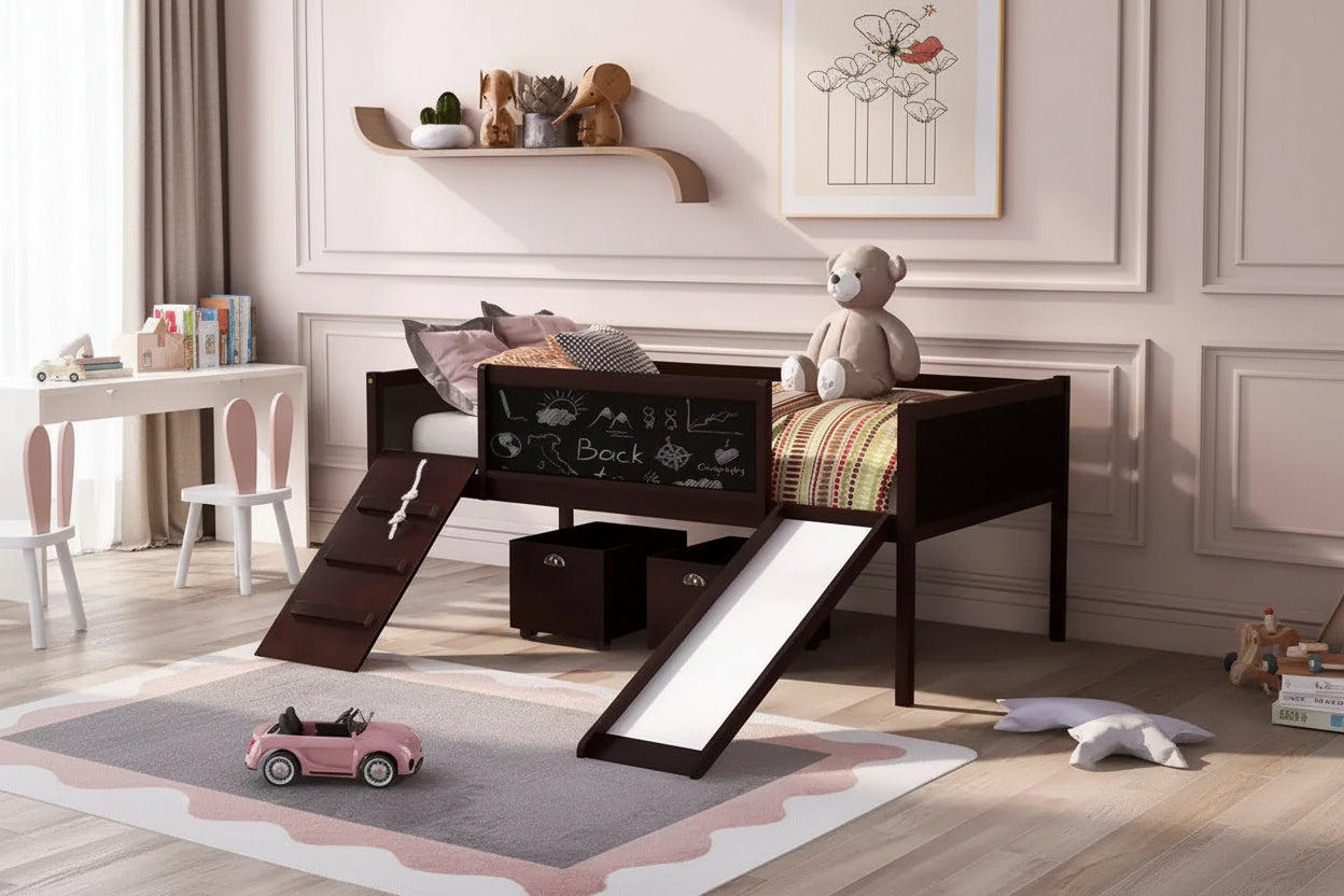 Bellemave Twin Low Loft Bed with Slide, Climbing Frame & Chalkboard, Kids Wood Loft Bed with 2 Storage Boxes, Espresso