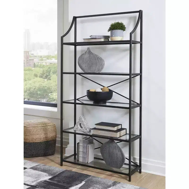 Libreria in vetro da 72" con struttura in metallo, scaffale espositore a 5 ripiani, nero antico