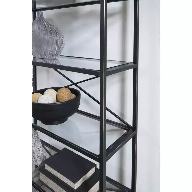 Libreria in vetro da 72" con struttura in metallo, scaffale espositore a 5 ripiani, nero antico