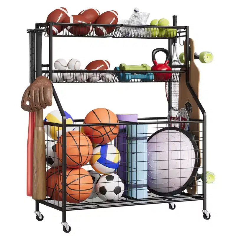 Sports Equipment Organizer,Large Capacity Garage Sports Toy Organizer with Hooks and Baskets,Rolling Ball Cart
