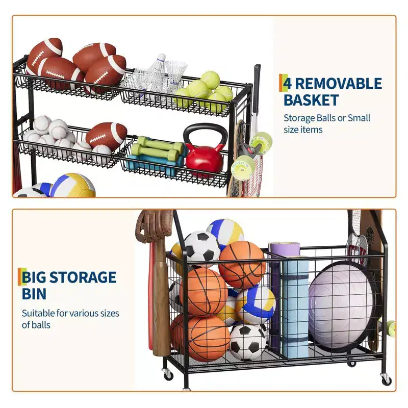 Organizzatore per attrezzature sportive, organizer per giocattoli sportivi da garage di grande capacità con ganci e cesti, carrello portapalloni mobile