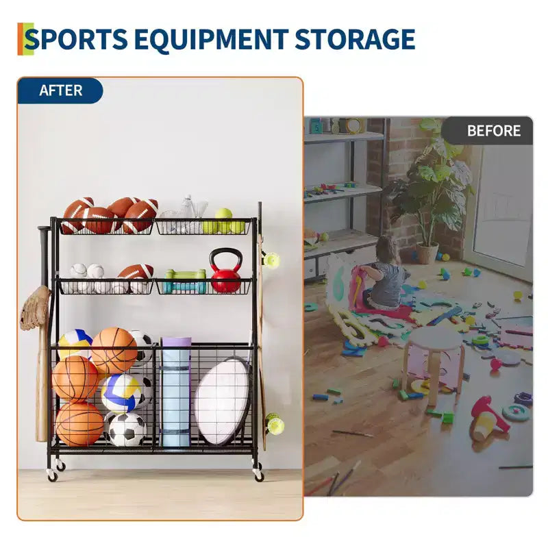 Organizzatore per attrezzature sportive, organizer per giocattoli sportivi da garage di grande capacità con ganci e cesti, carrello portapalloni mobile