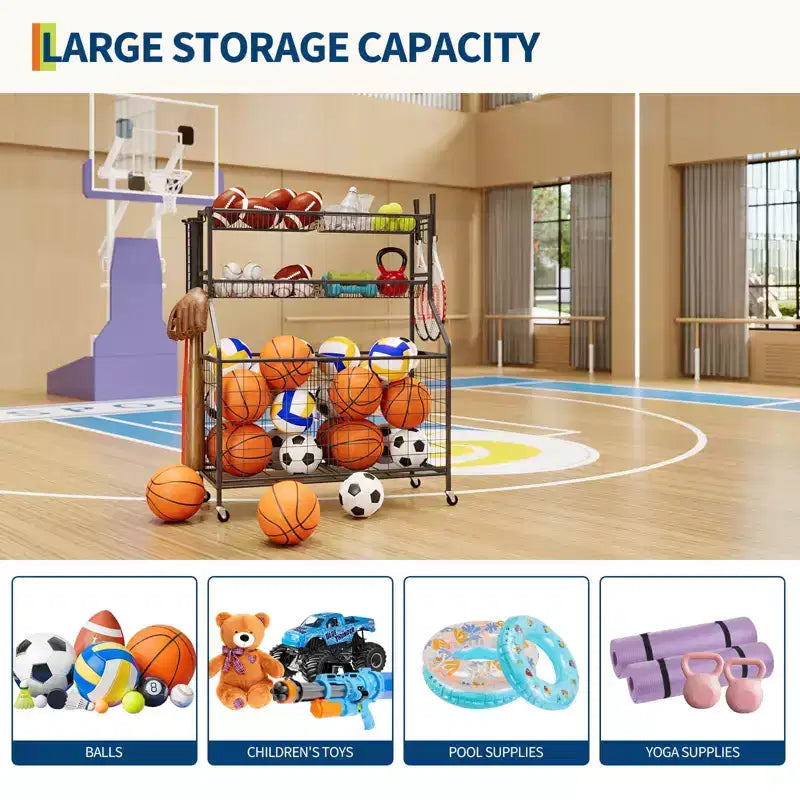 Organizzatore per attrezzature sportive, organizer per giocattoli sportivi da garage di grande capacità con ganci e cesti, carrello portapalloni mobile