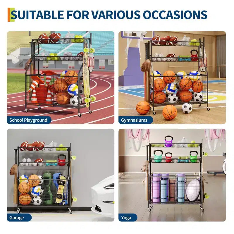 Organizzatore per attrezzature sportive, organizer per giocattoli sportivi da garage di grande capacità con ganci e cesti, carrello portapalloni mobile