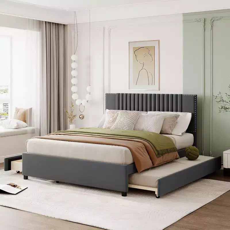 Bellemave Linen Upholstered BedFrame with Storage Drawers, Modern Platform Bed Frame with Headboard and Trundle Bed, No Box Spring NeededGray
