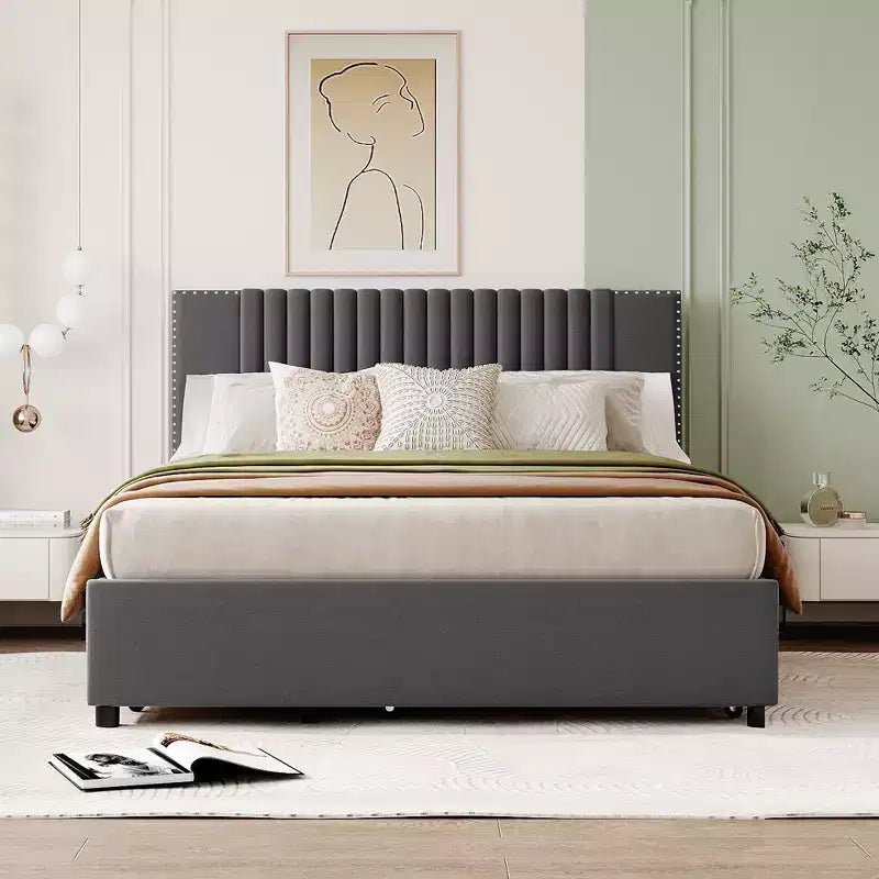 Struttura Letto in Lino con Cassetti Contenitori, Testiera e Letto Estraibile, Grigia