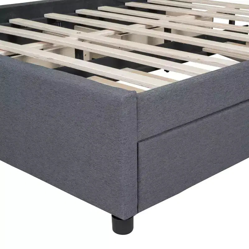 Struttura Letto in Lino con Cassetti Contenitori, Testiera e Letto Estraibile, Grigia