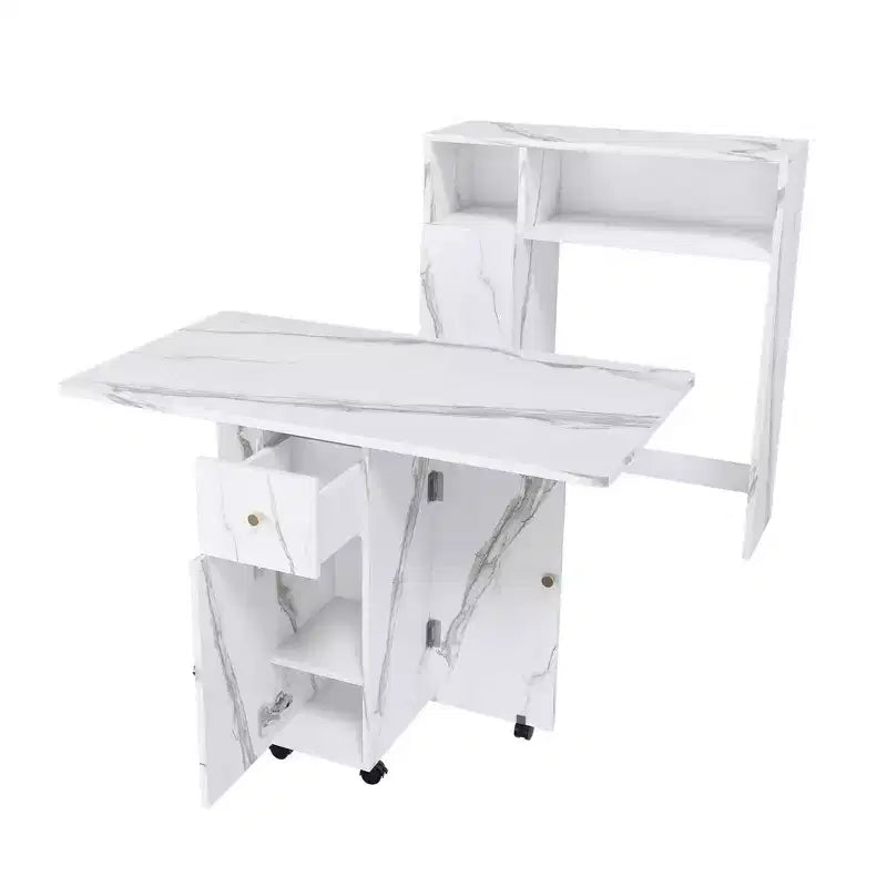 Tavolo da Pranzo Pieghevole con Contenitore, Finitura Marmo Bianco, Salvaspazio