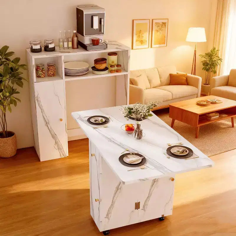 Tavolo da Pranzo Pieghevole con Contenitore, Finitura Marmo Bianco, Salvaspazio