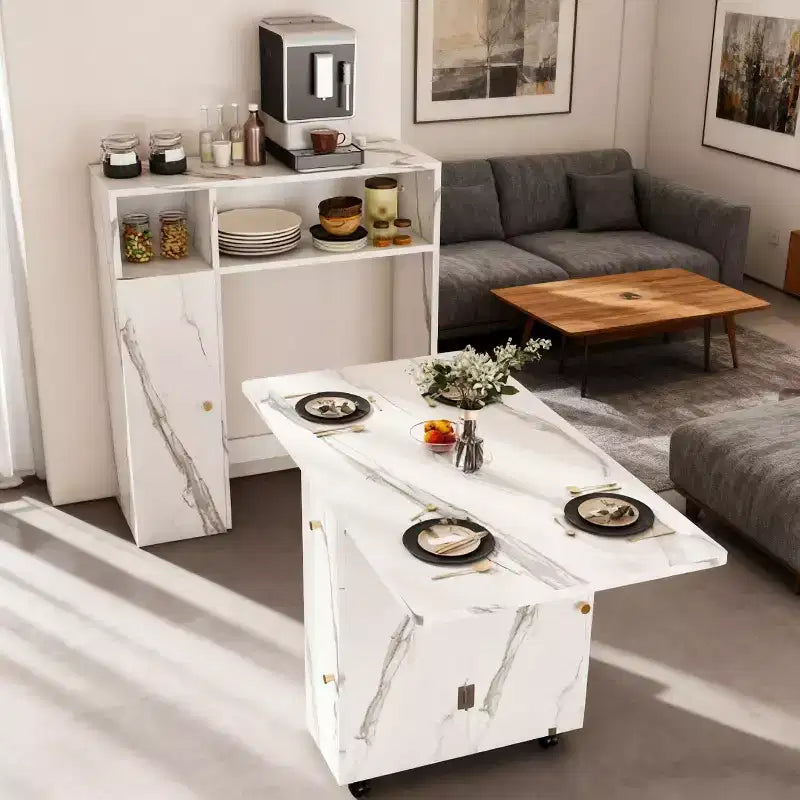 Tavolo da Pranzo Pieghevole con Contenitore, Finitura Marmo Bianco, Salvaspazio