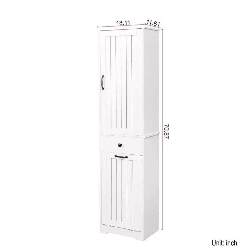 Mobile lavanderia alto 180 cm con cesto estraibile, 1 anta e 1 cassetto