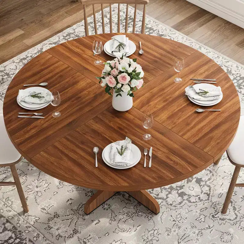 47 Round Dining Table for 4 with Curved Leg, Golden Nanmu Furniture, Wood Farmhouse Pedestal Circle Dinner Table, Kitchen & Dining Room Living Room
