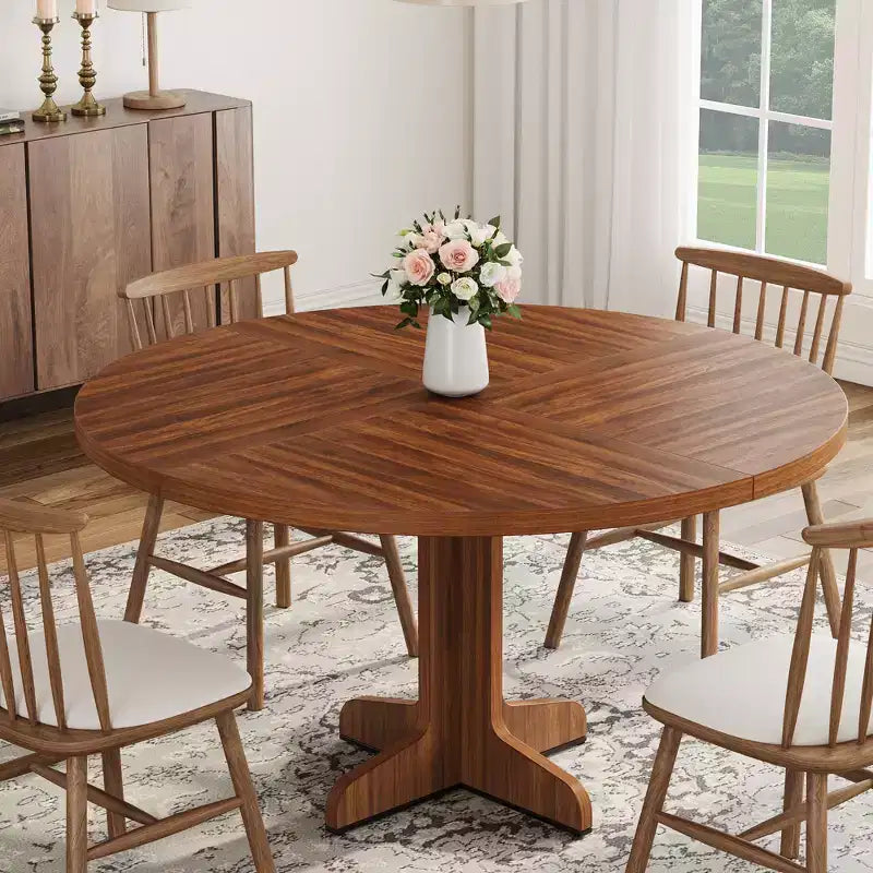 Tavolo da pranzo rotondo da 47" per 4 persone con gamba curva, mobile Nanmu dorato, tavolo da pranzo a piedistallo circolare in legno in stile rustico, cucina e sala da pranzo, soggiorno