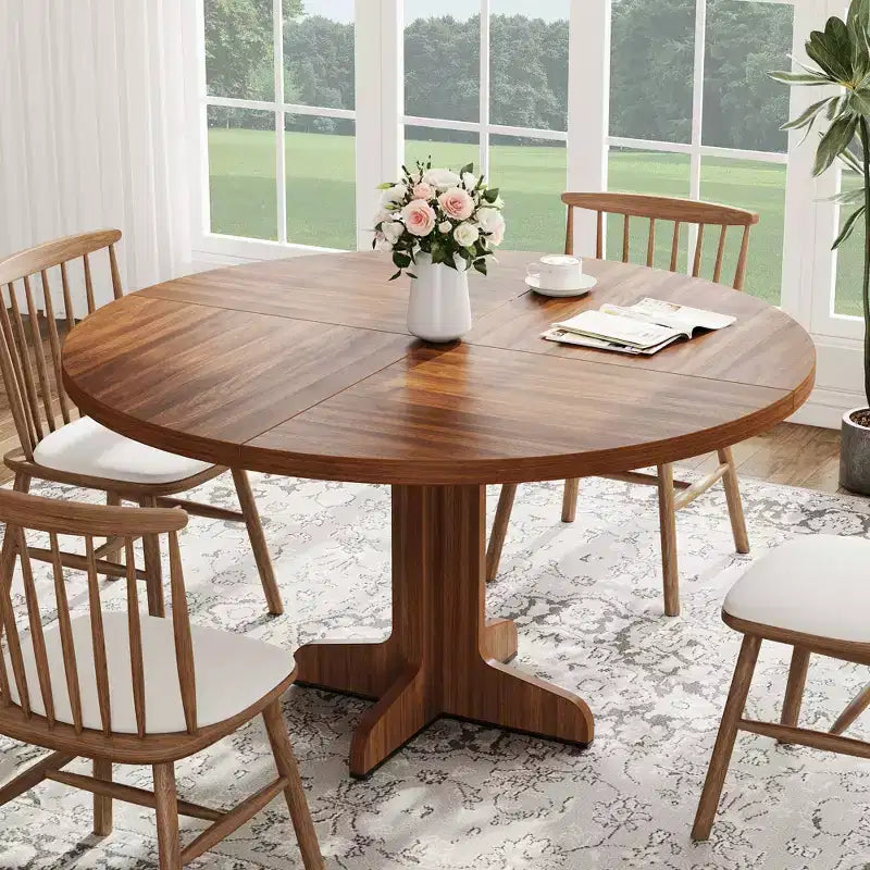 Tavolo da pranzo rotondo da 47" per 4 persone con gamba curva, mobile Nanmu dorato, tavolo da pranzo a piedistallo circolare in legno in stile rustico, cucina e sala da pranzo, soggiorno