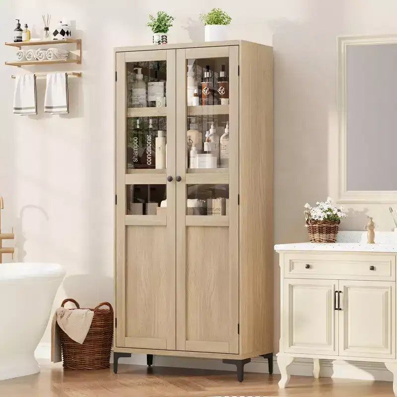 Credenza alta con ante in vetro, armadio dispensa a 5 ripiani con ripiani regolabili per cucina e bagno