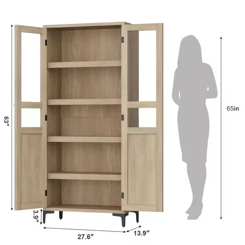 Credenza alta con ante in vetro, armadio dispensa a 5 ripiani con ripiani regolabili per cucina e bagno