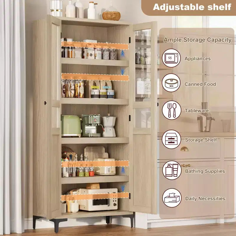 Credenza alta con ante in vetro, armadio dispensa a 5 ripiani con ripiani regolabili per cucina e bagno