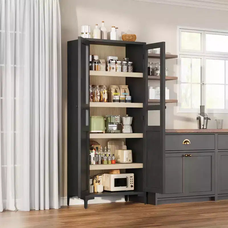Credenza alta con ante in vetro, armadio dispensa a 5 ripiani con ripiani regolabili per cucina e bagno